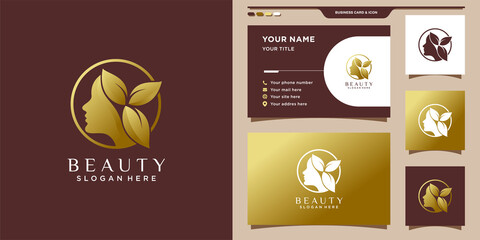 Beauty logo for woman with unique concept and golden style color. Elegant logo and business card design. Premium Vector