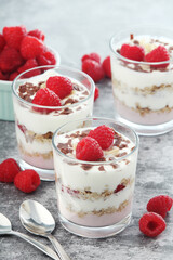 Granola with yogurt trifles with raspberry
