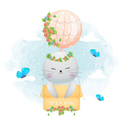 Cute doodle baby walrus girl flying with box Premium Vector