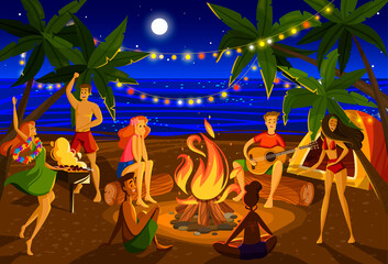 Young people at beach night party, cartoon characters around campfire on exotic island, vector illustration