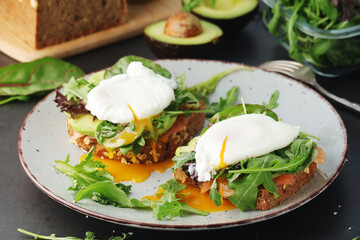 Homemade sandwiches with salmon, avocado and poached eggs