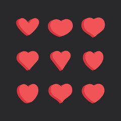 Heart flat 3d icon collection. Red hearts vector isometric illustrations.
