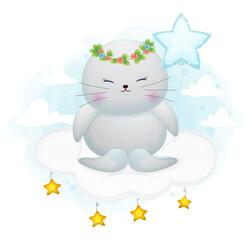 Cute doodle walrus girl sit on the cloud cartoon character Premium Vector