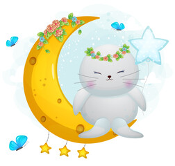 Cute doodle walrus girl sit on the moon cartoon character Premium Vector