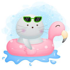 Cute doodle walrus with a flamingo buoy cartoon character Premium Vector