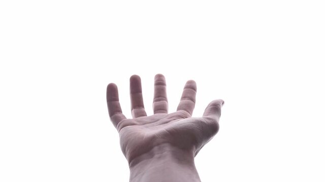 Hand Reaching Out For Help Or Offering Assistance- Open Palm Isolated On White Background - studio shot