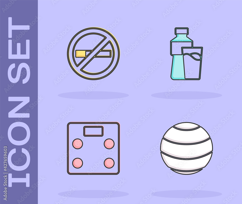 Sticker Set Fitness ball, No Smoking, Bathroom scales and Bottle of water with glass icon. Vector