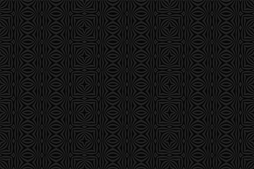 Geometric volumetric convex decorative black background. Ethnic African, Mexican, Indian motives. 3d wallpaper, embossed pattern.