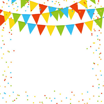Party holiday abstract background template with flag garlands and confetti. Vector illustration