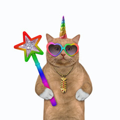 A reddish cat unicorn in sunglasses holds a magic wand. White background. Isolated.