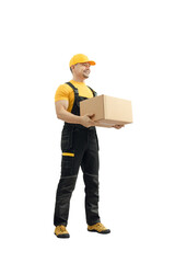 delivery courier hold in hands cardboard box