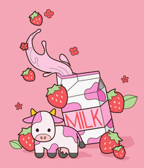 Strawberry milk carton with cute cow