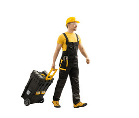 worker repairman or builder walked with construction tools in big tool-box on wheels - 427661415