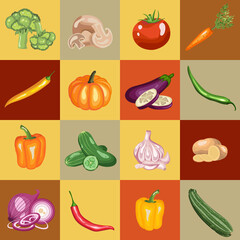 Vegetables mosaic vector illustration with zucchini, garlic, potato, onion, cucumber, tomato. broccoli, pepper, chili, carrot, mushrooms and pumpkin