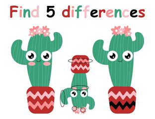 Find 5 differences puzzle with cute blossom cactus girl for kids stock vector illustration. Hand-drawn colorful cartoon cactus character with flowers in a flowerpot on white background