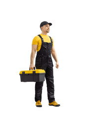 worker with construction tools in tool-box - 427661894