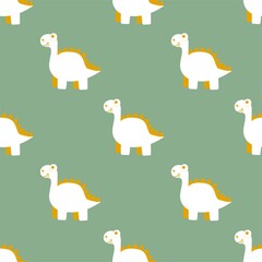 Fototapeta premium Simple cartoon dinosaurs natural colors seamless pattern vector. Hand-drawn friendly prehistoric animals by white, jade and goldenrod colors. Happy dino seamless pattern for children clothes and more