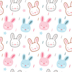 Seamless Pattern of Cartoon Rabbit Face Design on White Background
