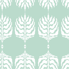 Minimalist boho seamless pattern with leaves in mid century style in blue or mint palette. Modern abstract aesthetic background with trendy leaves for wallpaper, wrapping paper and design