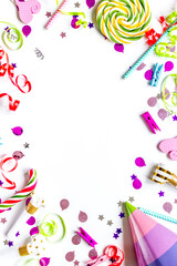 birthday party set with confetti on white background top view mock up