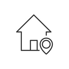 Home icon. House black pictogram with map pin sign. Home location concept. Building silhouette symbol. Vector isolated on white	
