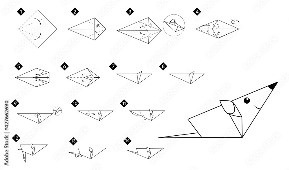 Poster how to make origami mouse or rat. black line monochrome step by step instructions. easy diy for kids