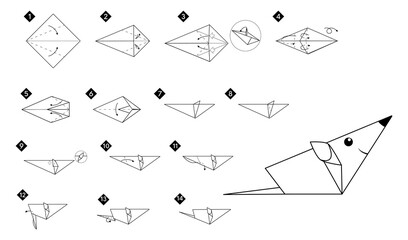 How to make origami mouse or rat. Black line monochrome step by step instructions. Easy DIY for kids.