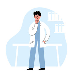 Vector illustration of thinking european doctor in medical office.