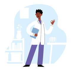 Vector illustration of standing african doctor in medical office.