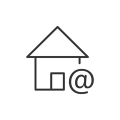 Home icon. House black pictogram with email sign. Home address concept. Building silhouette symbol. Vector isolated on white