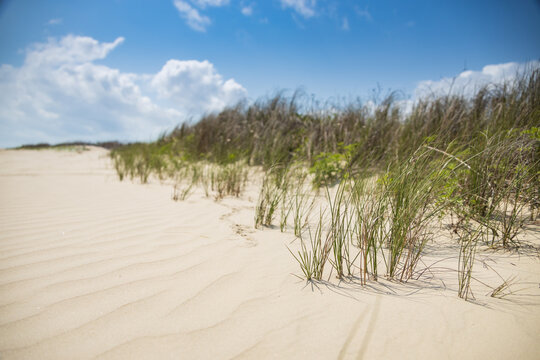 Sand dunes and white sand with blue sky and white clouds in background © Martina