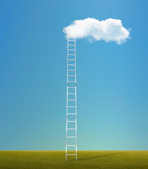 Green field with stairway put to cloud on blue sky