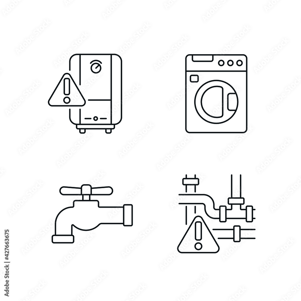 Poster plumbing linear icons set. thin line customizable illustration. contour symbol. vector isolated outl