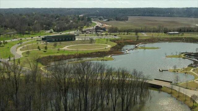 Flyaway Reveal Shot Of The Wilma Rudolph Event Center At Liberty Park In Clarksville, Tennessee