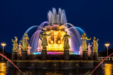 Fototapeta premium Multicolored illumination of the Druzhba Narodov fountain on the territory of the All-Russian Exhibition Center (VDNH) at night. Moscow, Russia