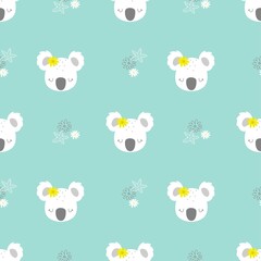 Fototapeta premium Seamless pattern with cute character koala face. Cute vector illustration for kids - koala. Ideal print for fabrics, textiles and gift wrapping.