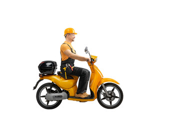 happy worker riding a scooter with construction tool