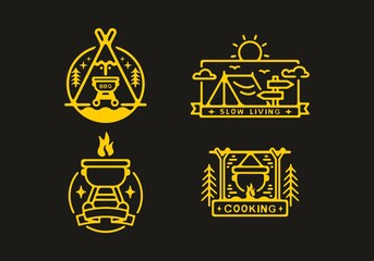 Yellow in dark background of camping badge collection