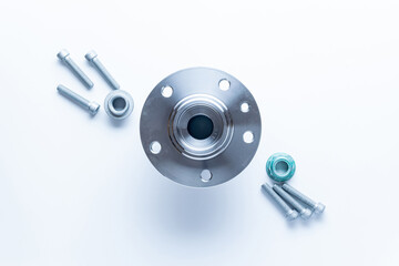 Auto equipment. Auto motor mechanic spare or automotive piece on white background. Set of new metal car part. Repair and vehicle service with space for text.