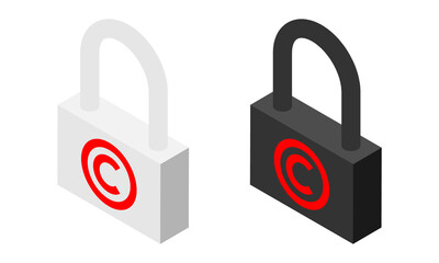 Set of copyright symbols on closed padlocks isometric vector icon.