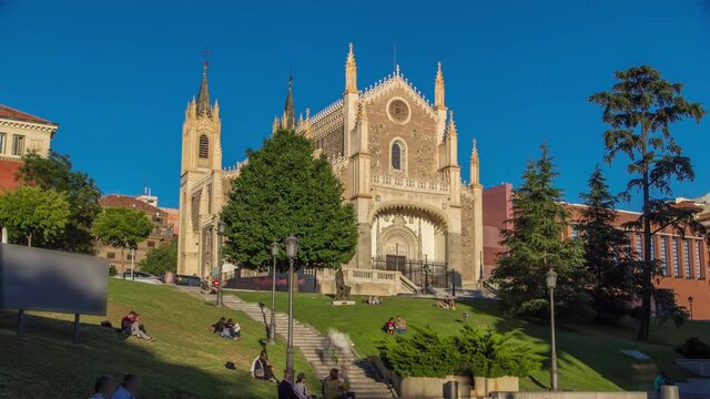 San Jeronimo el Real (St. Jerome the Royal) timelapse hyperlapse. Roman Catholic church from the early 16th-century in central Madrid (Spain), next to the Prado Museum.