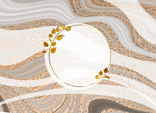 Gold frame. Vector round frame. Marble brown background with gold. Design with twigs. Place for an inscription. 3D gold effect. Button.