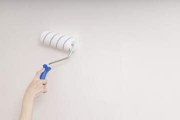 Woman's hand with a roller for painting walls. A house painter can apply decorative paint on a...