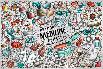 Fototapeta premium Cartoon set of medicine theme items, objects and symbols