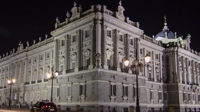 Royal Palace of Madrid (Palacio Real de Madrid) timelapse hyperlapse at night. Built between 1738 and 1755 in Baroque and neo-classic styles by King Philip V.