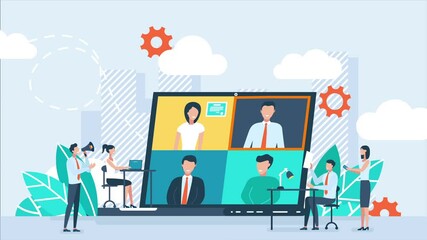 Online business conference, creative illustrations, businessmen, online joint meeting, team thinking and brainstorming, company information analytics. Video conference over video communication. 2d