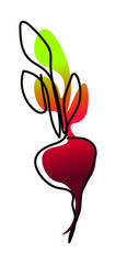 Vector illustration of red beet or beetroot with leaves in one line endless style. Green and pink abstract spot background. Can be applied as a sticker, icon, logo.