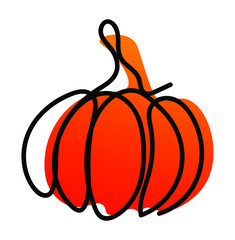 Vector illustration of pumpkin vegetable in one line endless style. Orange abstract spot background. Can be applied as a sticker, icon, logo.