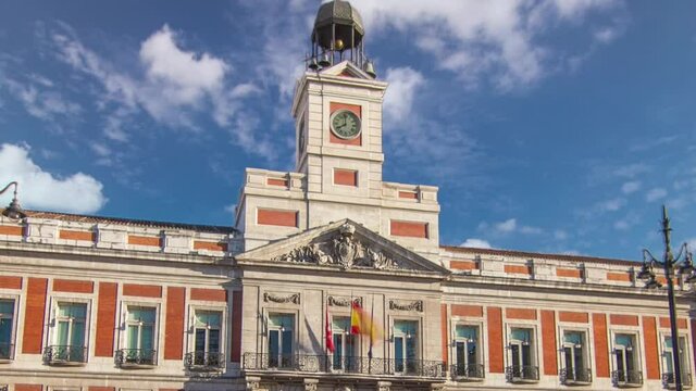 The Old Post Office building timelapse hyperlapse, currently the seat of the Presidency of the Madrid Community. Located in the Puerta del Sol. Madrid, Spain
