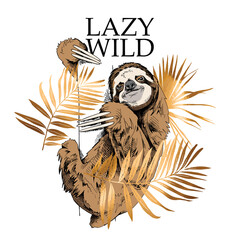 Funny Sloth on a trunk tree and gold palm leaves. Lazy wild - lettering quote. Elegant poster, t-shirt composition, hand drawn style print. Vector illustration.